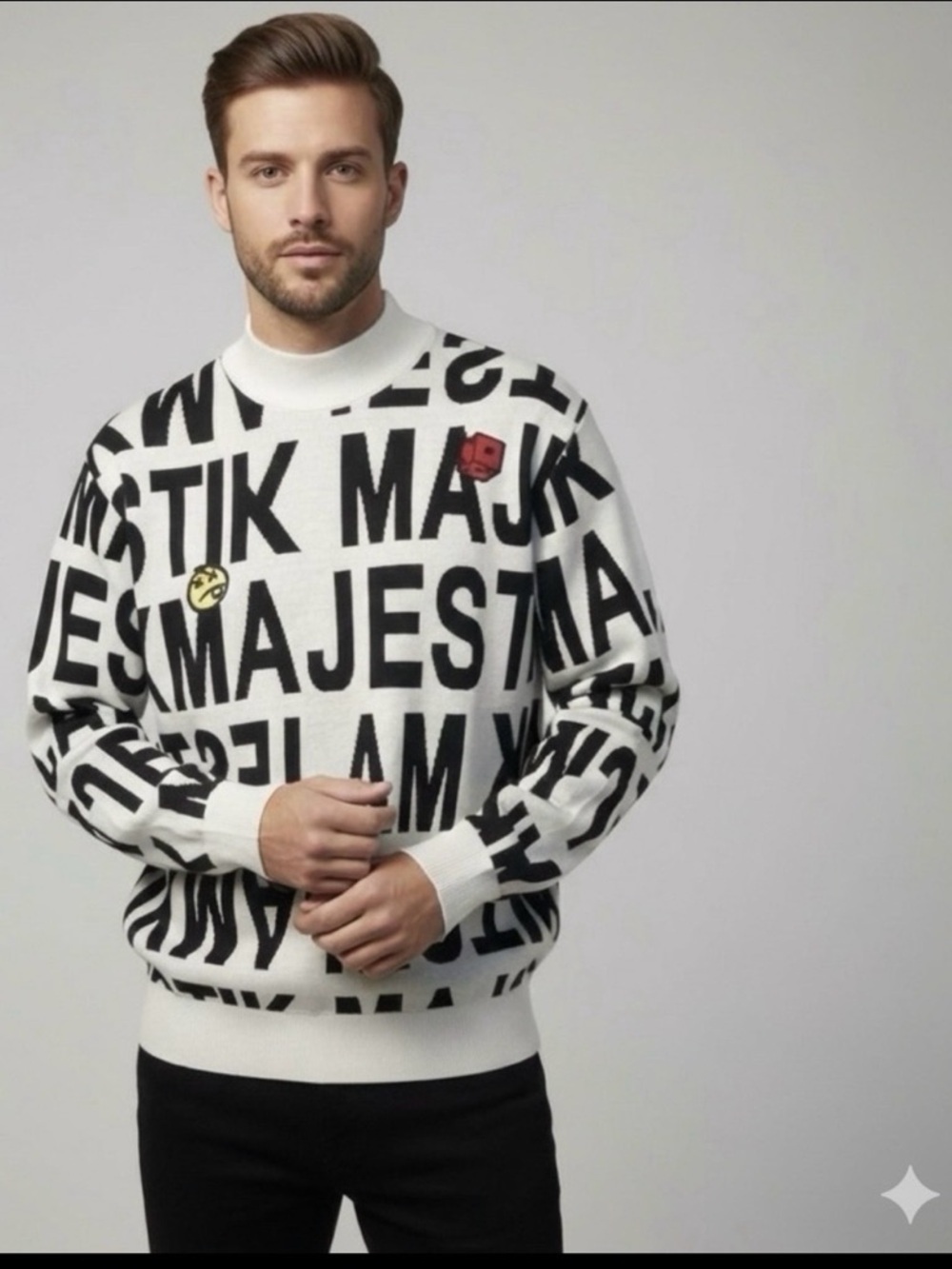 Majestik NYC Blk/White Men's Knit Sweater Allover Spellout Logo Graphic SZ Large